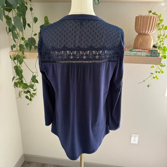 Daniel Rainn Anthropologie Navy Blue Sheer Yoke Long Sleeve Blouse Women M - Picture 2 of 10